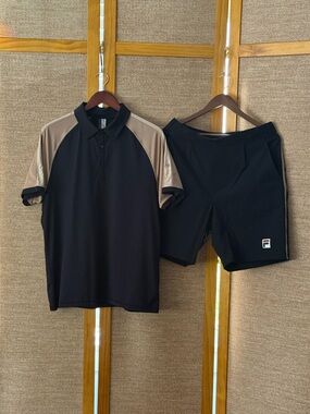 FILA Black Polo with Tan Raglan Sleeves & Black Athletic Shorts